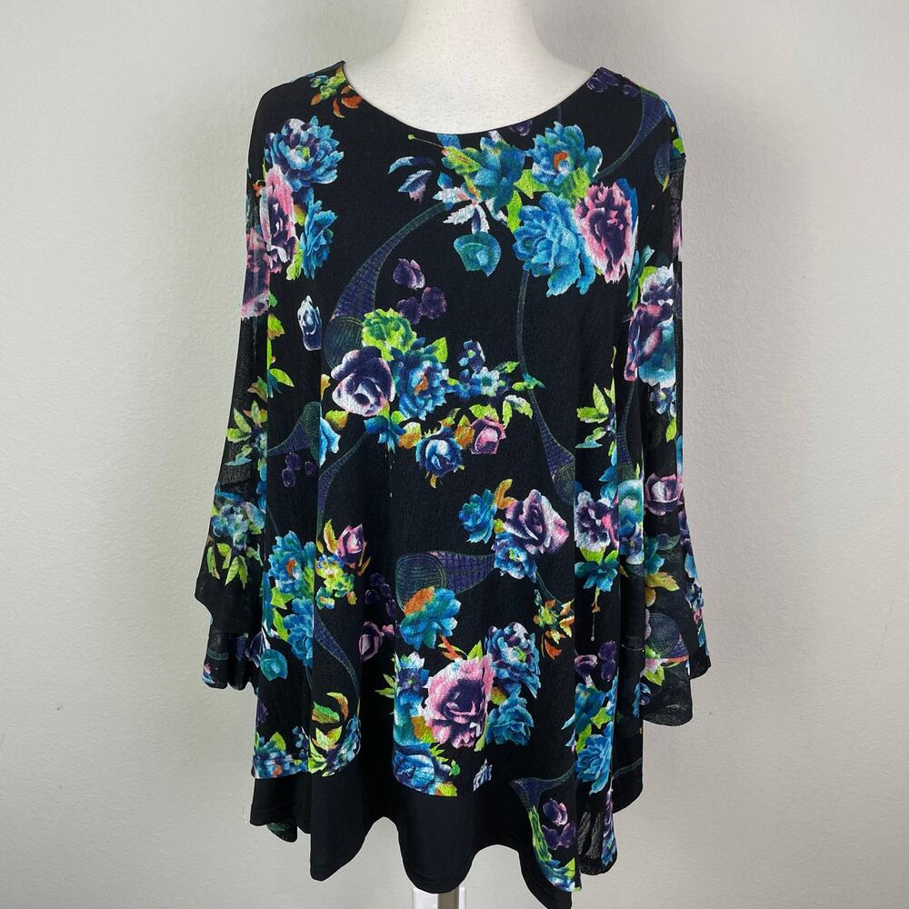 Calessa Black Floral Layer Flared Sleeve  Knit Top  *2X/3X - Picture 2 of 12